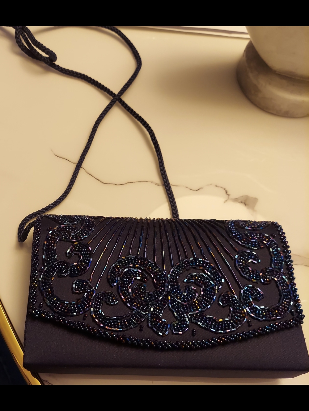 Vintage Navy Beaded Evening Clutch with Shoulder Cord